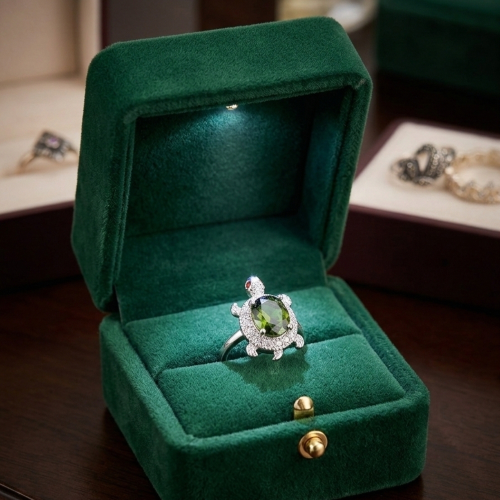 Elegant Sterling Silver Turtle Ring with Green Gemstone